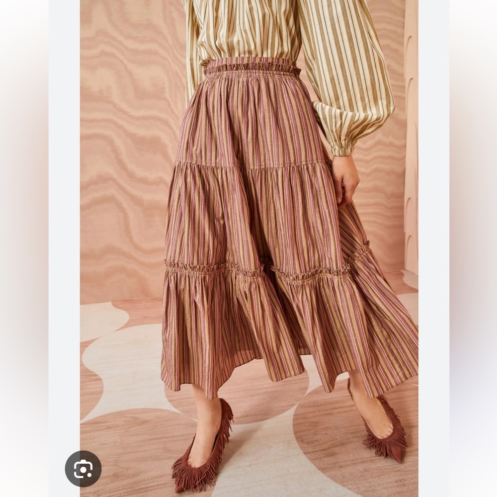 Ulla Johnson Severine Skirt Mulberry Striped Tiered Midi Skirt Size 4 Small